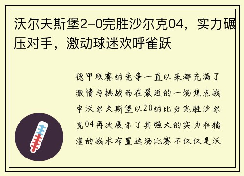 沃尔夫斯堡2-0完胜沙尔克04，实力碾压对手，激动球迷欢呼雀跃